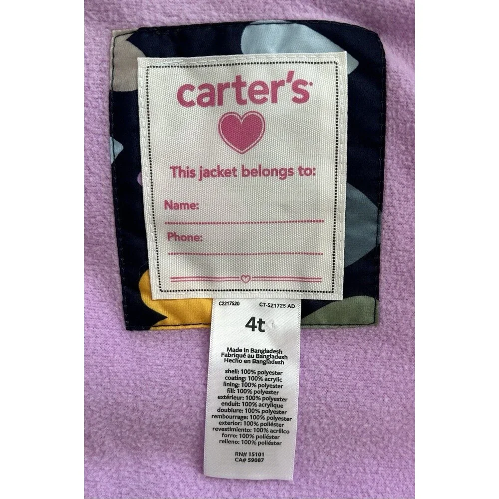 NWOT Carter’s Toddler Girls Heart Print Heavyweight Puffer Jacket Coat Purple 4T